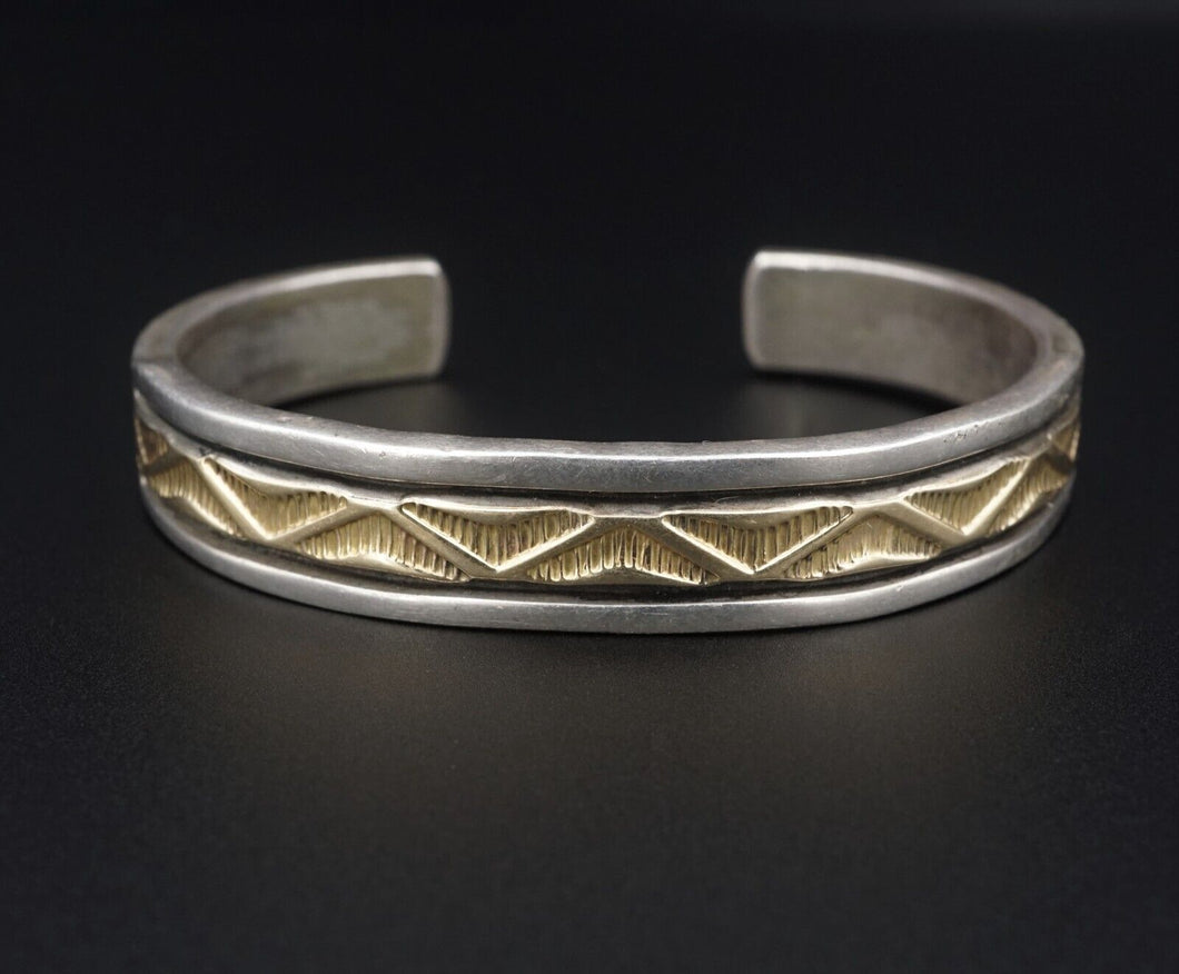 Navajo Bruce Morgan Sterling Silver 14k Gold Etched Cuff Bracelet 6.5