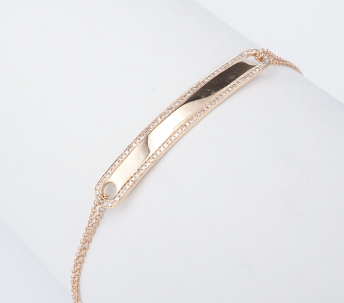 Trendy 14k Rose Gold Natural White Diamond Bar ID Bracelet Chain 7