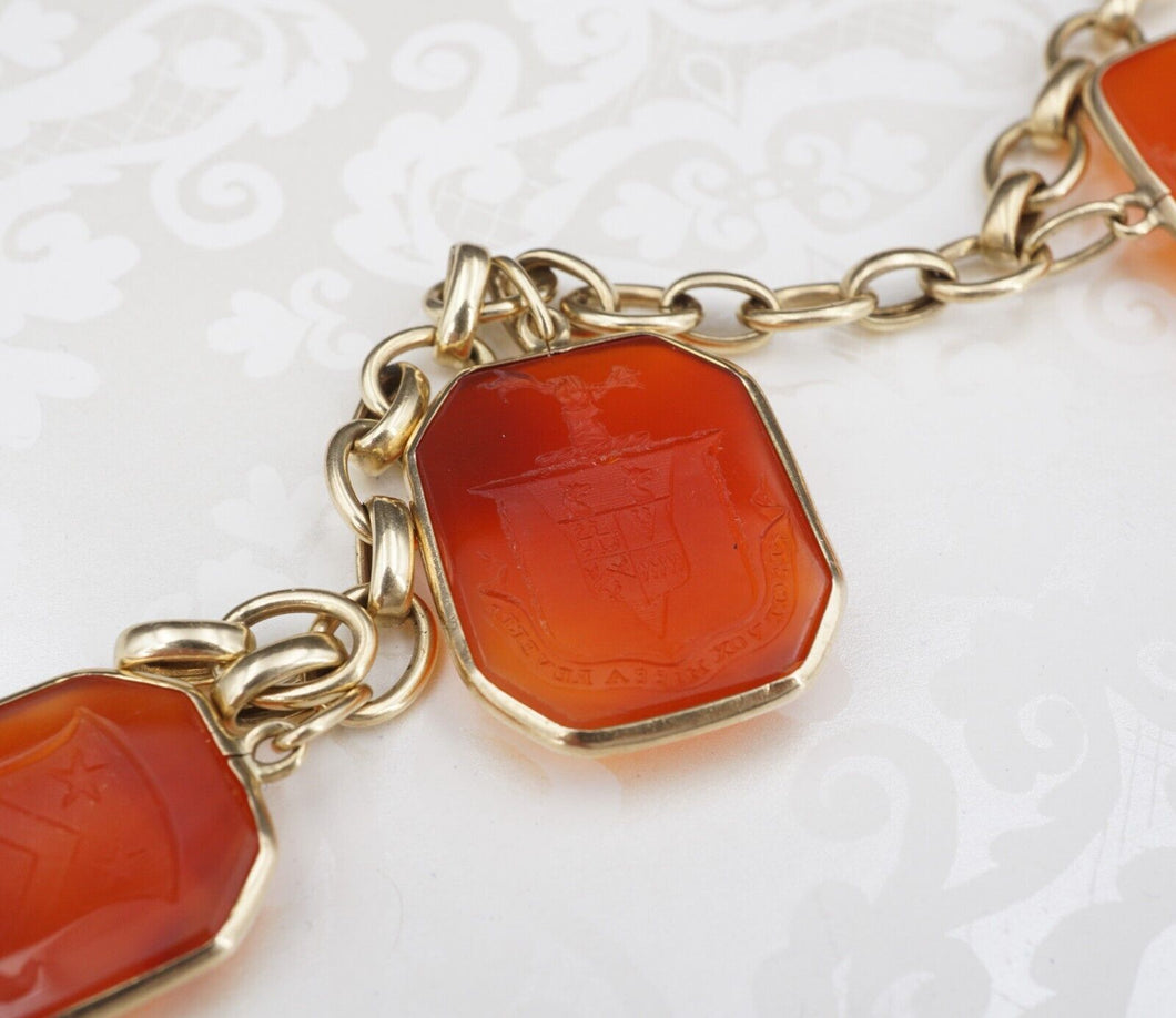 Antique 14K Gold Carnelian Coat of Arms Intaglio Charm Bracelet 7.5