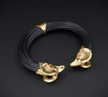 18k Yellow Gold Black Multi-Strand Ram Head Cuff Bracelet 6" Vintage BG934