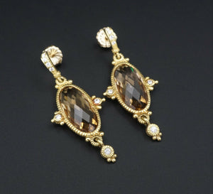 18k Gold Judith Ripka Diamond Smoky Quartz Dangle Drop Earrings 1.8" EG1709