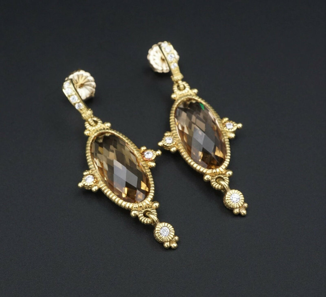 18k Gold Judith Ripka Diamond Smoky Quartz Dangle Drop Earrings 1.8