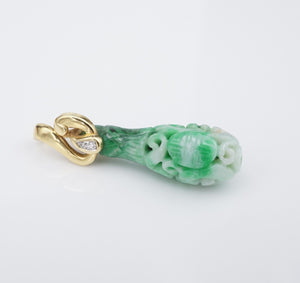 Vintage AJF 18k Gold Green Nephrite Carved Jade Diamond Pendant 1.6" PG1782