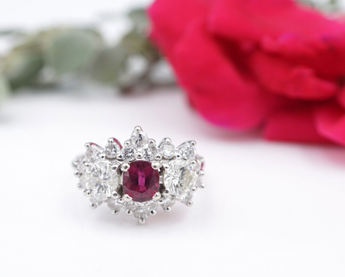 14k White Gold 3 Stone Ruby Diamond Halo Cocktail Ring Size 5.5 Vintage RG3986