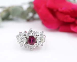 14k White Gold 3 Stone Ruby Diamond Halo Cocktail Ring Size 5.5 Vintage RG3986