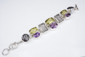 Sterling Silver Rutilated Quartz Amethyst Panel Toggle Bracelet Chunky 7" BS2736