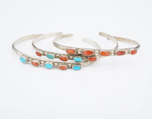 Vtg Navajo Cuff Bracelet Set Trio Turquoise Coral Sterling Silver 6" JC BS2965