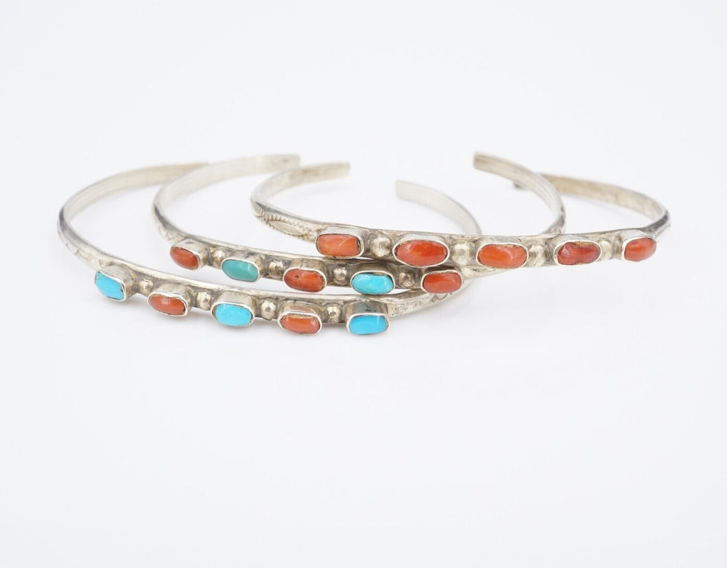 Vtg Navajo Cuff Bracelet Set Trio Turquoise Coral Sterling Silver 6