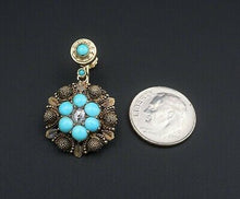 Antique 14k Yellow Gold Turquoise Rose Cut Diamond Ornate Dangle Earrings EG1598