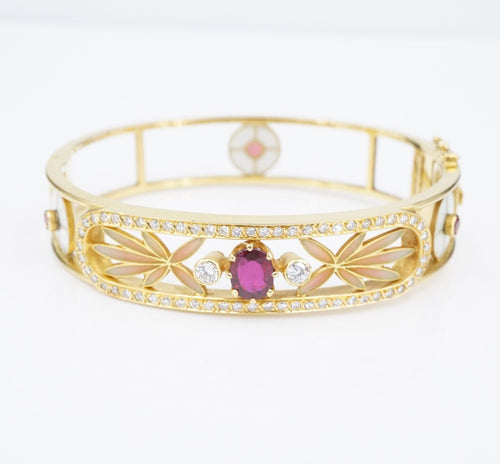 Masriera Ruby Diamond Bracelet Plique a Jour Red Floral Carpet 18k Gold 7 BG909