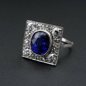 Antique 18K Gold 4ct Blue Ceylon Sapphire Diamond Halo Ring Size 7.25 GIA RG3307