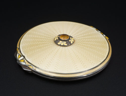 1937 Yellow Enamel Compact Sterling Silver Adie Brothers Ltd England M1697