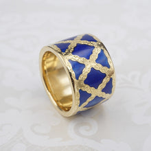 Buccellatti 18k Yellow Gold Ring Blue Enamel Wide Band Size 6 RG4219