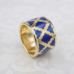 Buccellatti 18k Yellow Gold Ring Blue Enamel Wide Band Size 6 RG4219