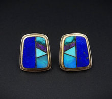 14k Yellow Gold Opal Turquoise Lapis Sugilite Inlay Stud Earrings 2/3" EG2360