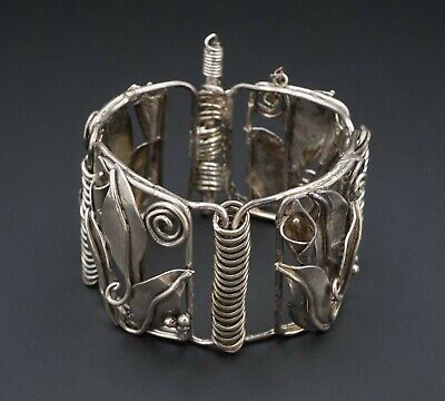 Vtg Sterling Silver Cage Bracelet 3D Wide Panel Link Flower 7