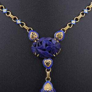 Antique 14k Yellow Gold Enamel Carved Lapis Floral Y Pendant Necklace 17" NG1462