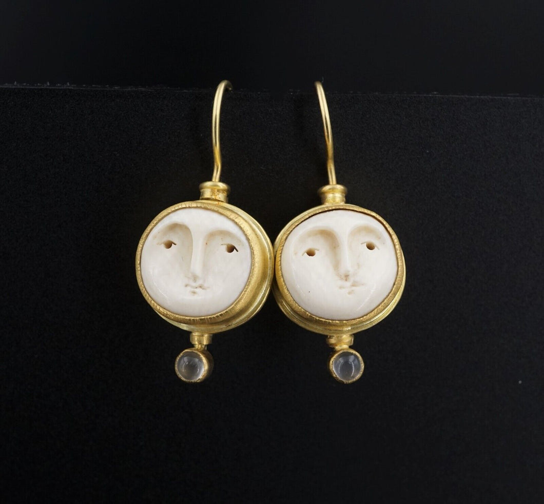 Carolyn Morris Bach 18k 22k Yellow Gold Goddess Moon Face Dangle Earrings EG2230