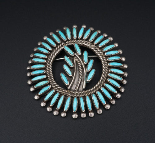 Vintage Zuni Turquoise Brooch Sterling Silver Signed M Beyuka 2.1” OS626