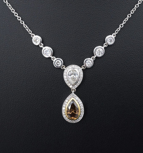 NWOT 18k Gold 3.4ct Pear Cut Chocolate Diamond Halo Pendant Necklace 16