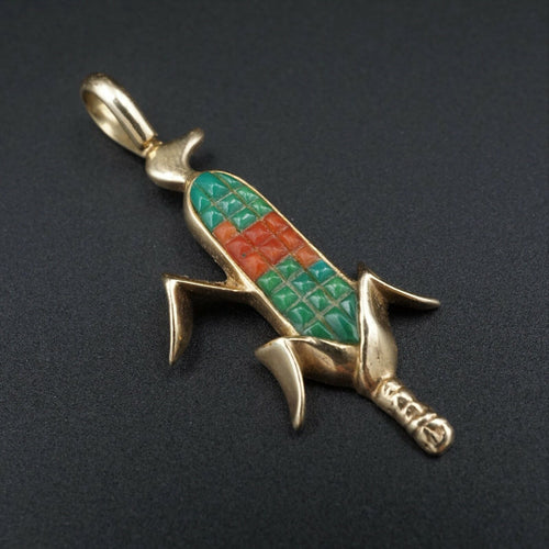 14k Zuni Inlay Corn Pendant Turquoise Coral Yellow Gold Hand Signed D.P. PG1506