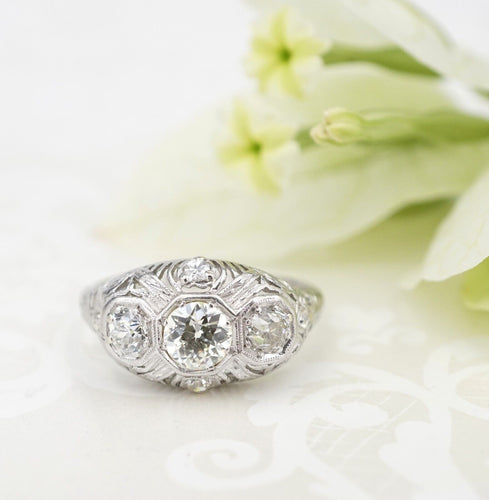 Maurice Tishman Diamond Ring Filigree 3-Stone Platinum Art Deco 1.2ctw RG4659