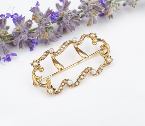 Antique 14k Yellow Gold Seed Pearl Floral Wave Scarf Pin Brooch 1.5