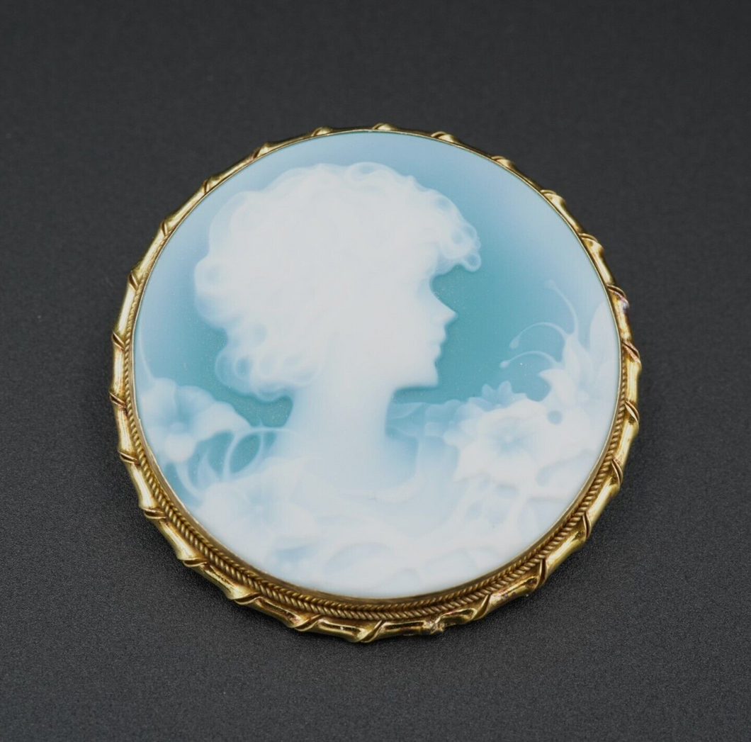 Vintage 18k Gold Cameo Pendant Brooch Carved Chalcedony Art Nouveau 1.3