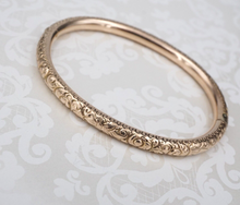 Antique Hinged Bangle Bracelet 10k Rose Gold Scroll Repousse 7" Vintage BG916