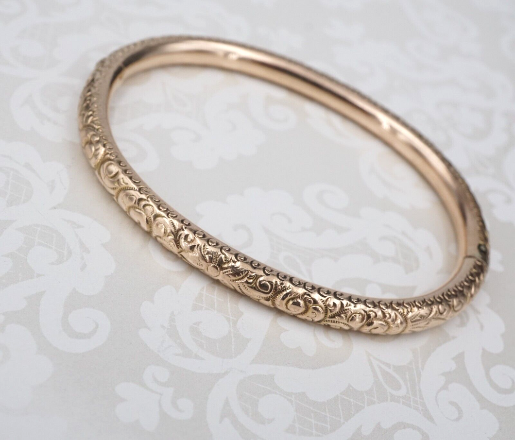 Antique Hinged Bangle Bracelet 10k Rose Gold Scroll Repousse 7