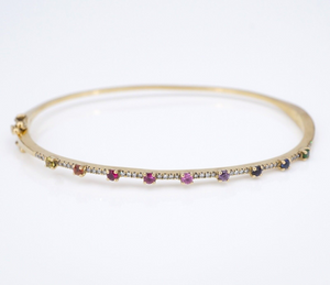 14k Gold Thin Gemstone Rainbow Sapphire Diamond Bangle Bracelet 15cm BG844