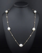 14k Gold South Sea Pearl Necklace White Topaz Station Baroque 36" 15mm NG1359