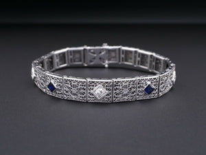 Antique Art Deco 14k White Gold Sapphire Diamond Filigree Bracelet 7.25" BG469