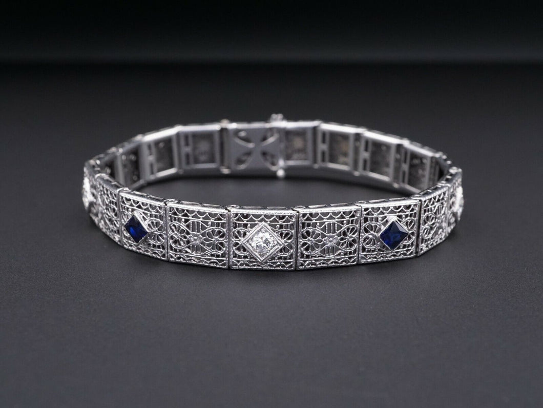 Antique Art Deco 14k White Gold Sapphire Diamond Filigree Bracelet 7.25