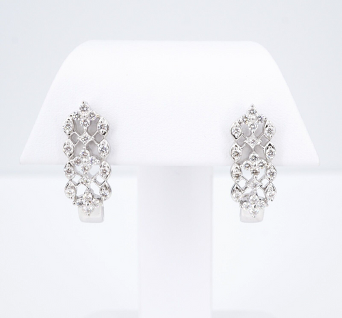 Vintage 18k White Gold 1 carat Diamond Cluster Huggie J-Hook Earrings 1