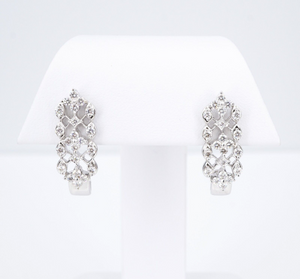 Vintage 18k White Gold 1 carat Diamond Cluster Huggie J-Hook Earrings 1" EG2219