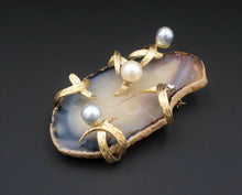 Vintage 18k Gold Pearl Diamond Brooch Pin Pendant Slab Banded Agate 2.7" PG1154