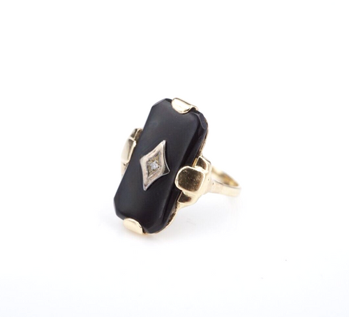 Art Deco 10k Yellow Gold Onyx Diamond Statement Ring Size 4.5 Vintage RG4346