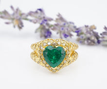 18k Yellow Gold 3ctw Yellow Diamond Halo Emerald Heart Ring Size 6.5 CO1108