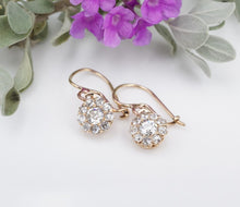 Antique 14k Gold Floral 1 ctw OMC Diamond Halo Drop Dangle Earrings 0.8" EG2303