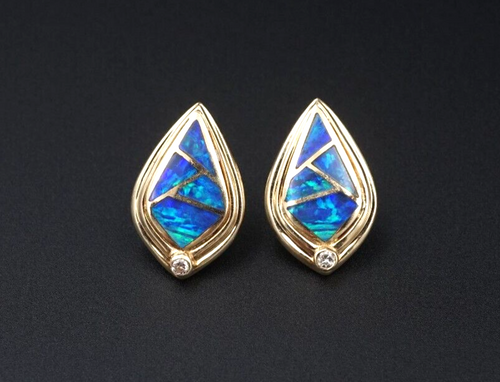 14k Blue Opal Diamond Inlay Earrings Studs Yellow Gold 3/4