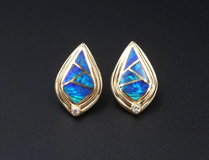 14k Blue Opal Diamond Inlay Earrings Studs Yellow Gold 3/4" Vintage EG2421