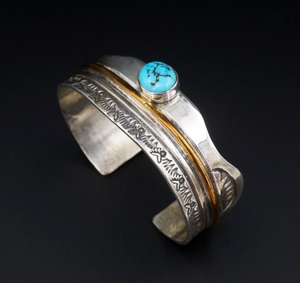 Navajo Turquoise Cuff Bracelet Brass Sterling Silver Signed RL 6.75" BS2955