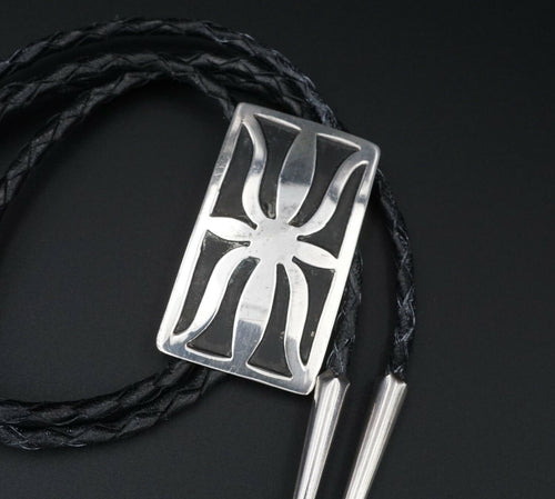 Navajo Bolo Tie Sterling Silver Ketoh Overlay Design Rectangle 38