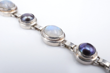Sterling Silver Moonstone Black Pearl Link Bracelet 7" Vintage Cabochon BS2923
