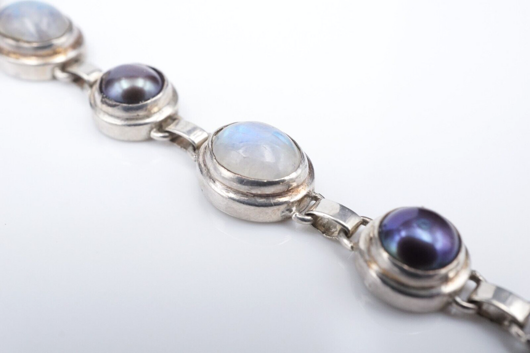 Sterling Silver Moonstone Black Pearl Link Bracelet 7