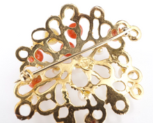 18k Red Coral Pearl Floral Brooch Yellow Gold Abstract Textured Sweden OG470