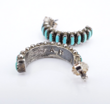 Zuni Petit Point Turquoise Hoop Earrings Sterling Silver 0.84" Signed AH ES2547