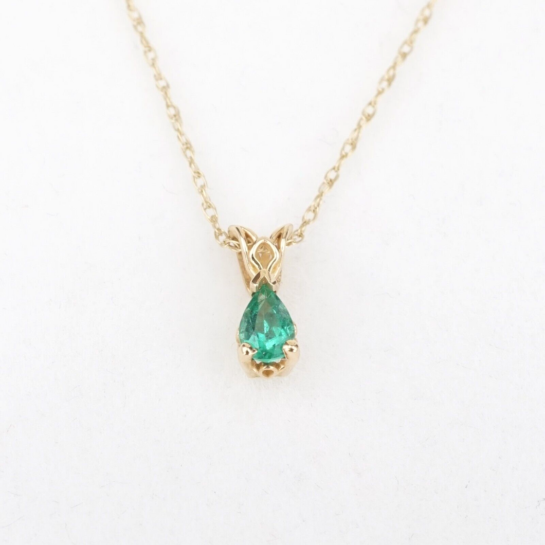 14k Gold Emerald Necklace Vintage Solitaire Pendant Natural Gem 18