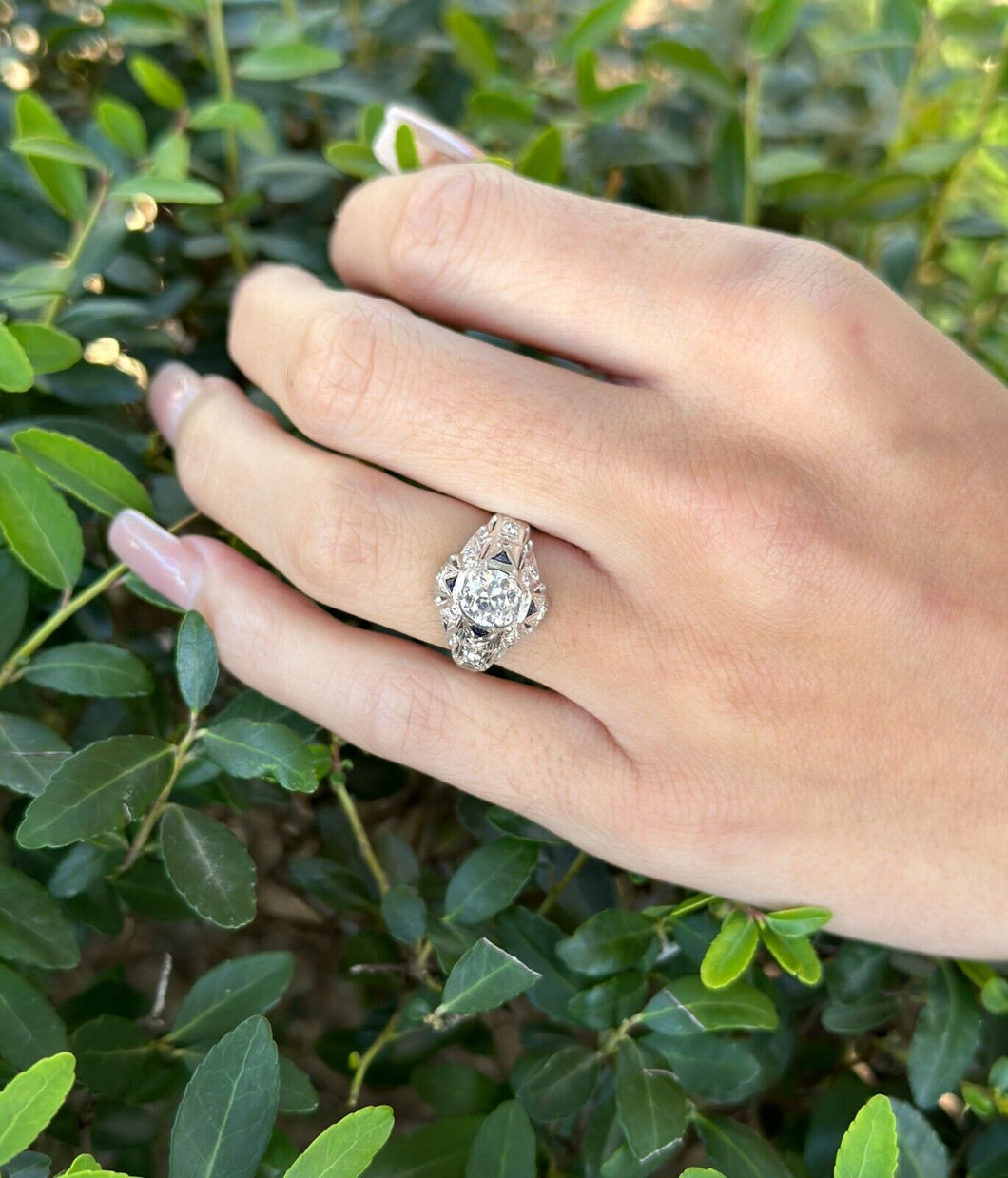 Art Deco Engagement Ring Diamond Sapphire Platinum 1 carat 1920s Size 5 RG4187